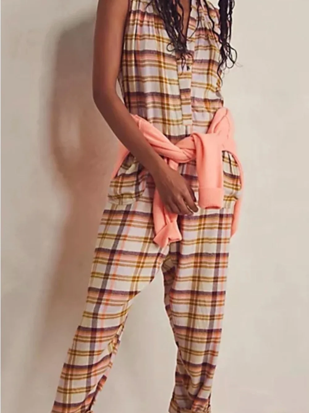 Free People Plaid Sleeveless oversized Jumpsuit in Cream, Pink & Tan - Picture 1 of 13